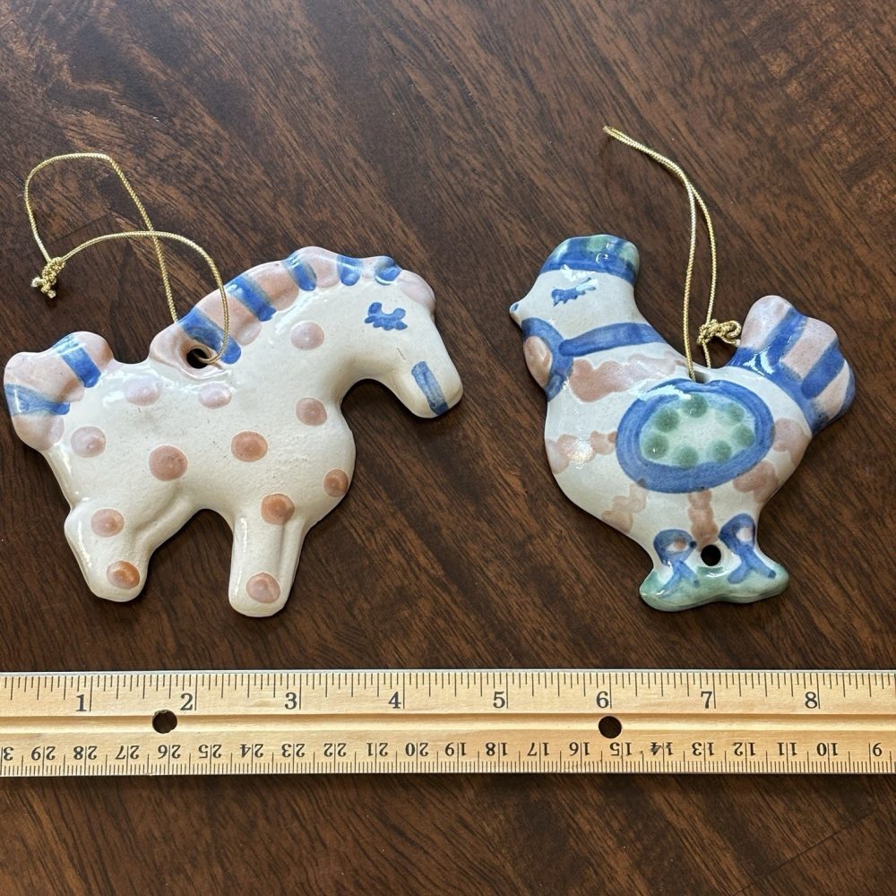Two M A Hadley Ceramic Hand Painted Horse and Rooster Ornaments Pottery